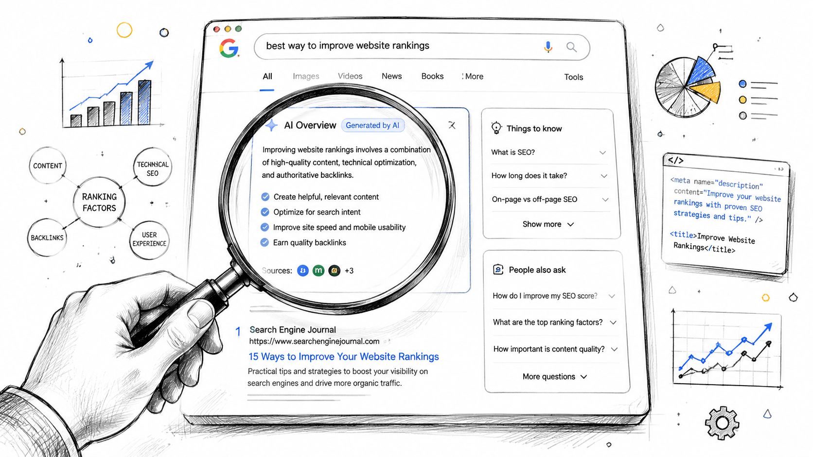 A hand holding a magnifying glass over a Google AI search overview about website ranking factors.