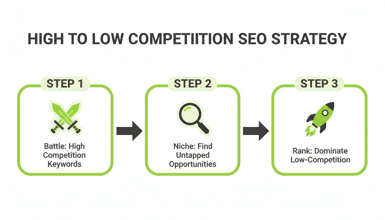 Infographic illustrating a high to low competition SEO strategy with steps for battling, finding niches, and ranking.