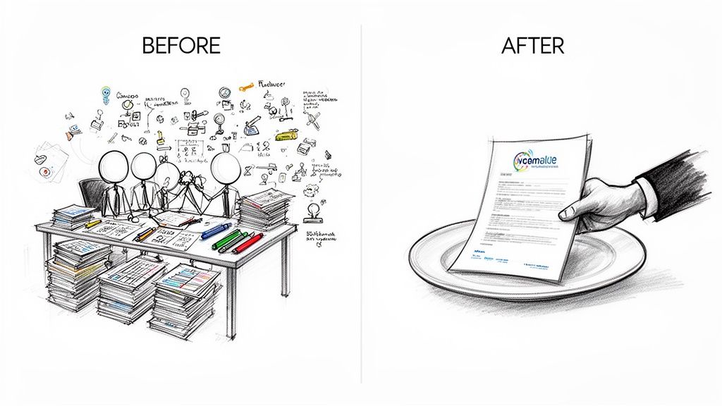 Before and after: chaotic manual process to a streamlined, professional white-label report.