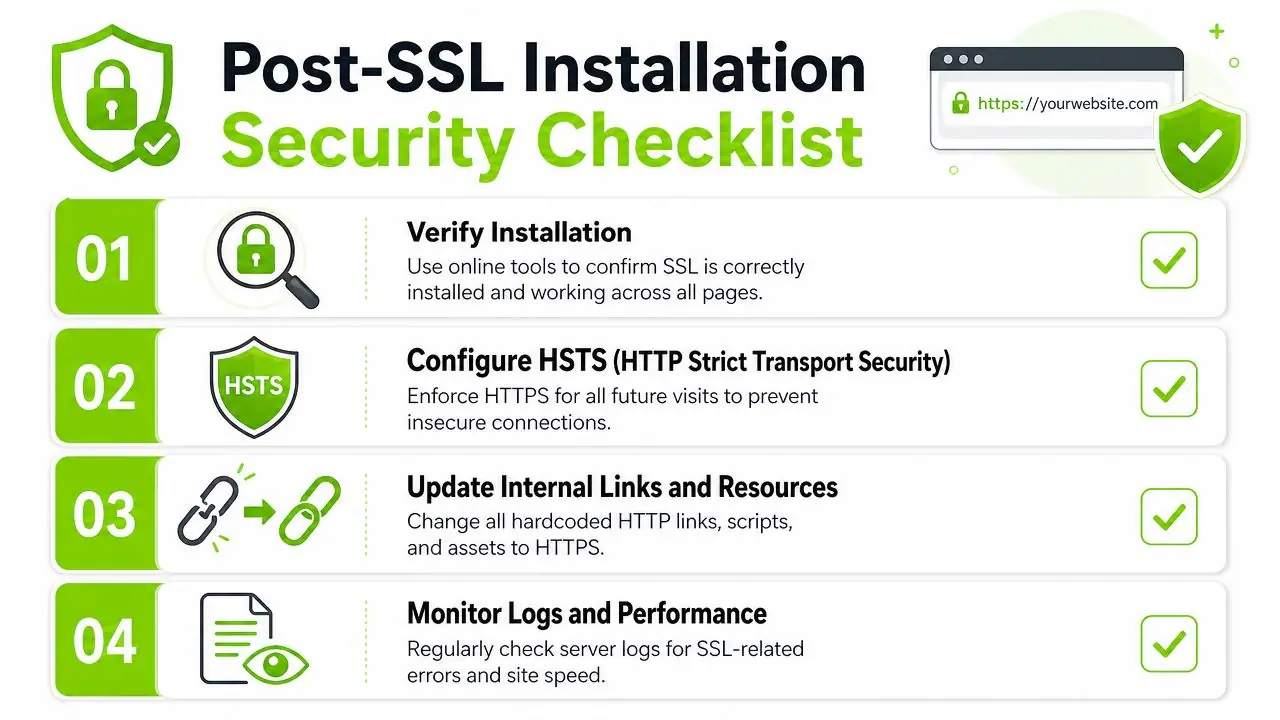 A four-step security checklist infographic illustrating the necessary steps to take after installing an SSL certificate.