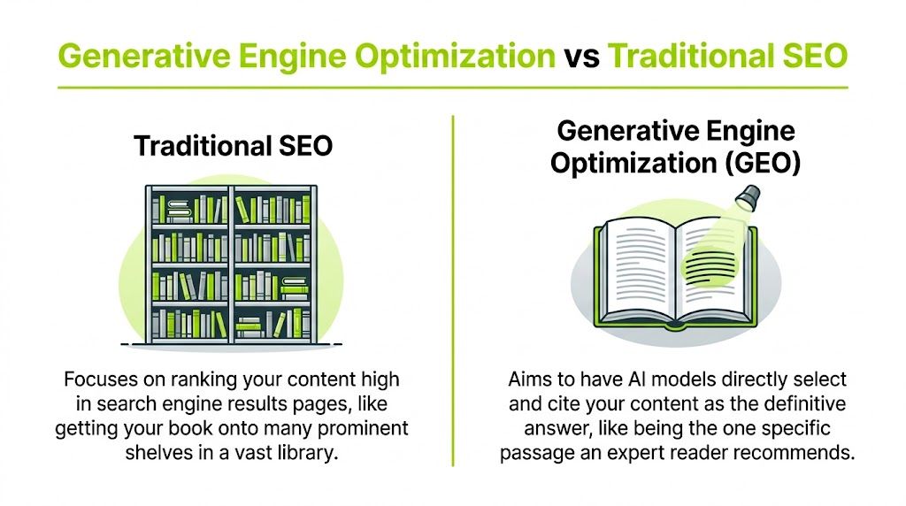 A comparison illustration between Traditional SEO and Generative Engine Optimization showcasing their different approaches to content visibility.