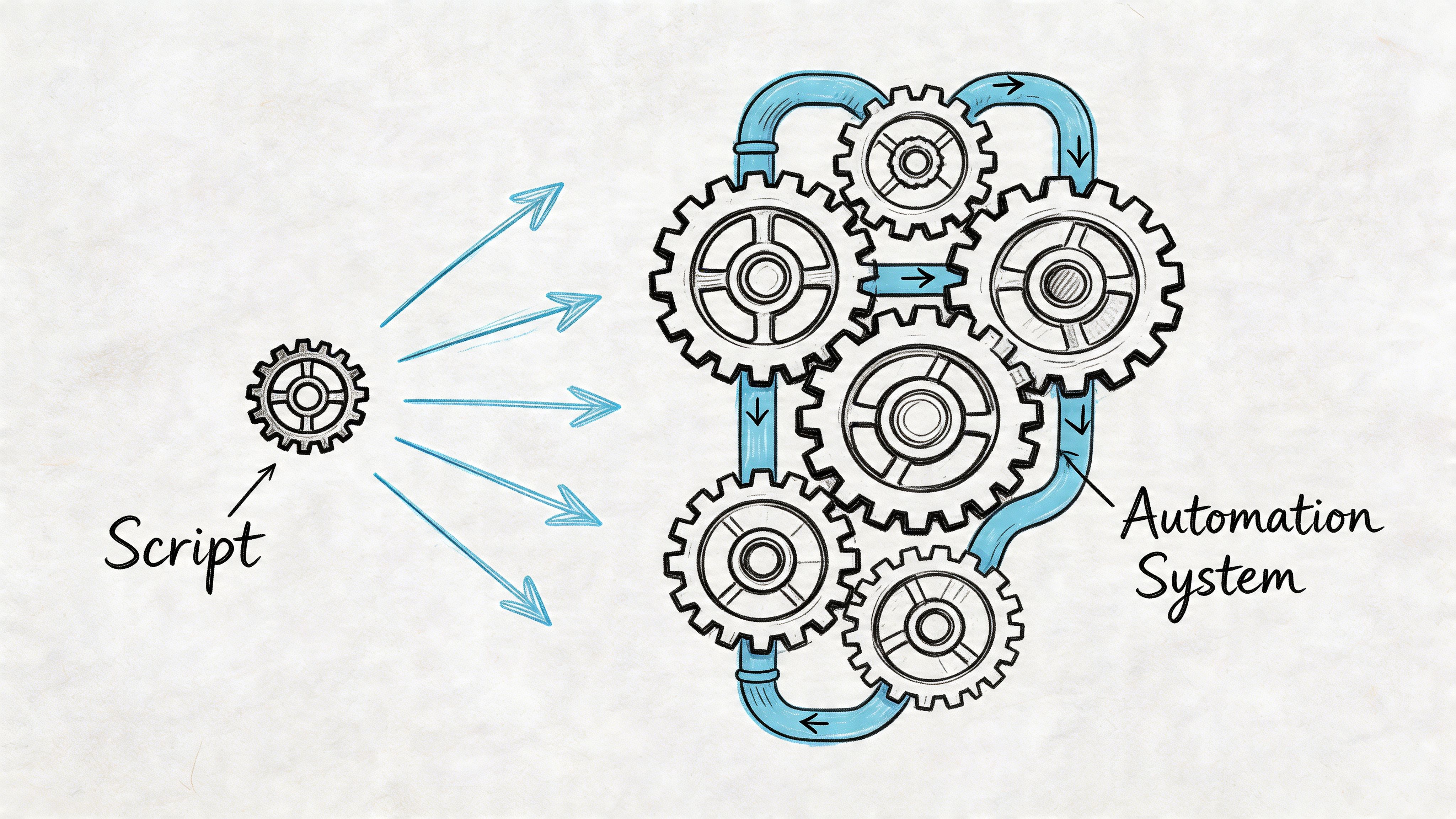 A hand-drawn illustration showing a small script gear influencing a complex, interconnected automation system of gears.