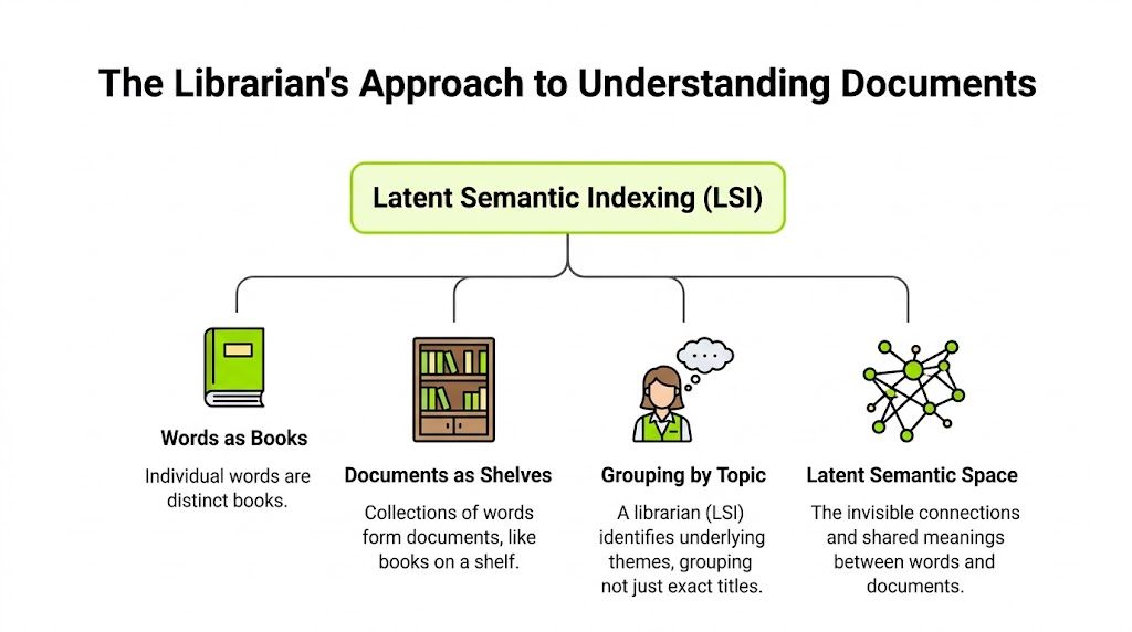 A diagram explaining Latent Semantic Indexing using a librarian metaphor for organizing words and document topics.