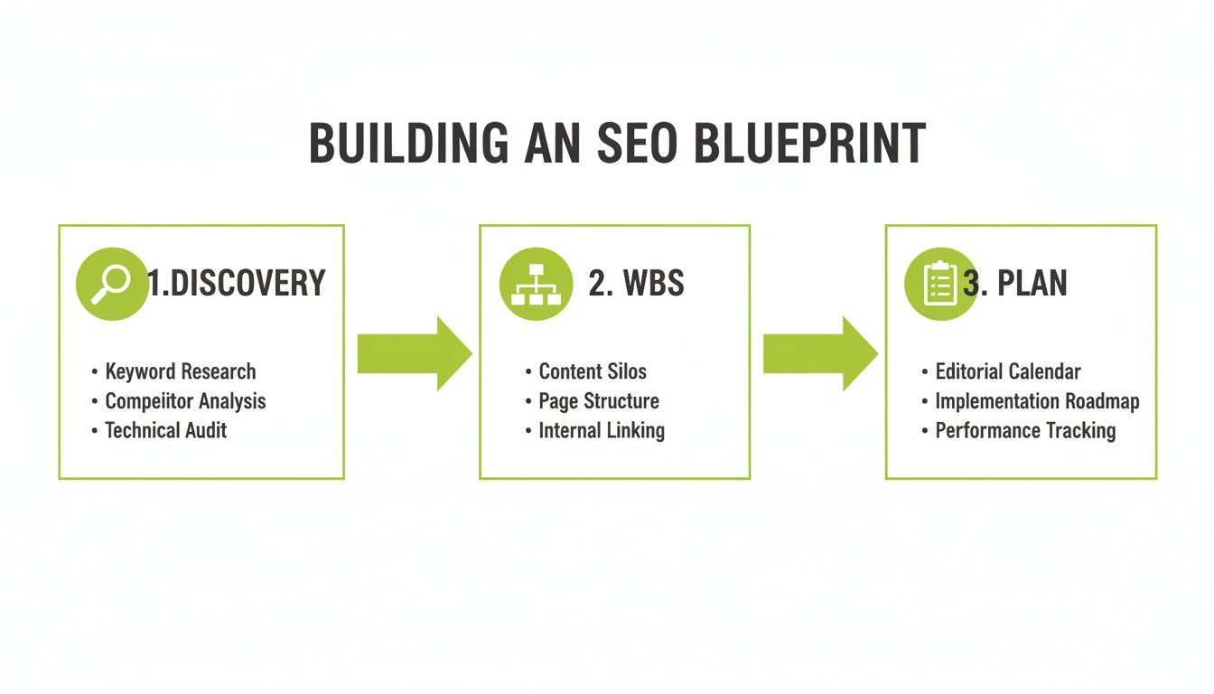 Diagram illustrating a three-step SEO blueprint process: Discovery, WBS, and Plan.