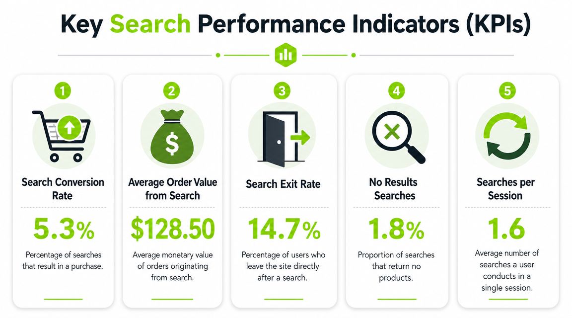 An infographic showing five key search performance indicators for measuring ecommerce website search engine effectiveness.