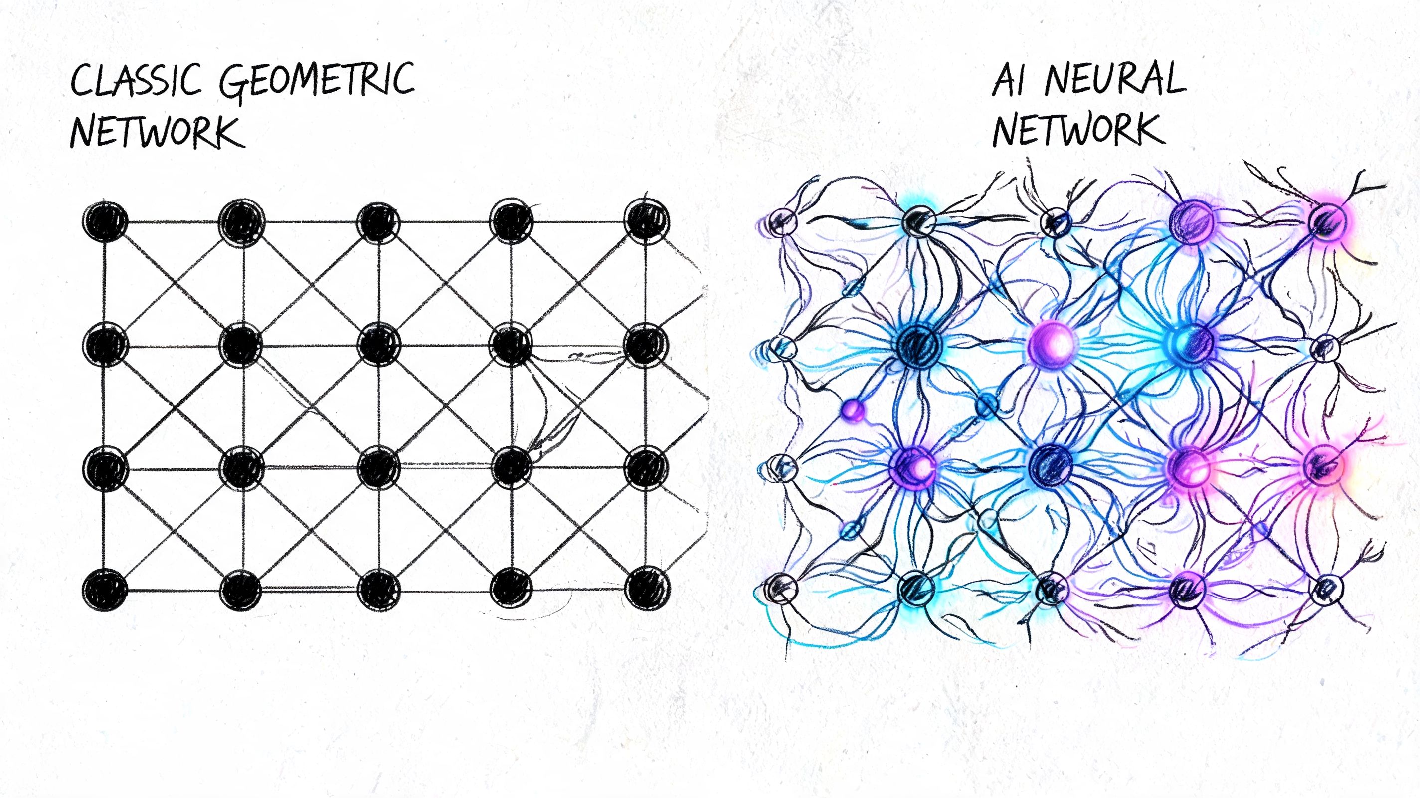 A conceptual comparison between a structured geometric grid network and a dynamic, organic AI neural network.