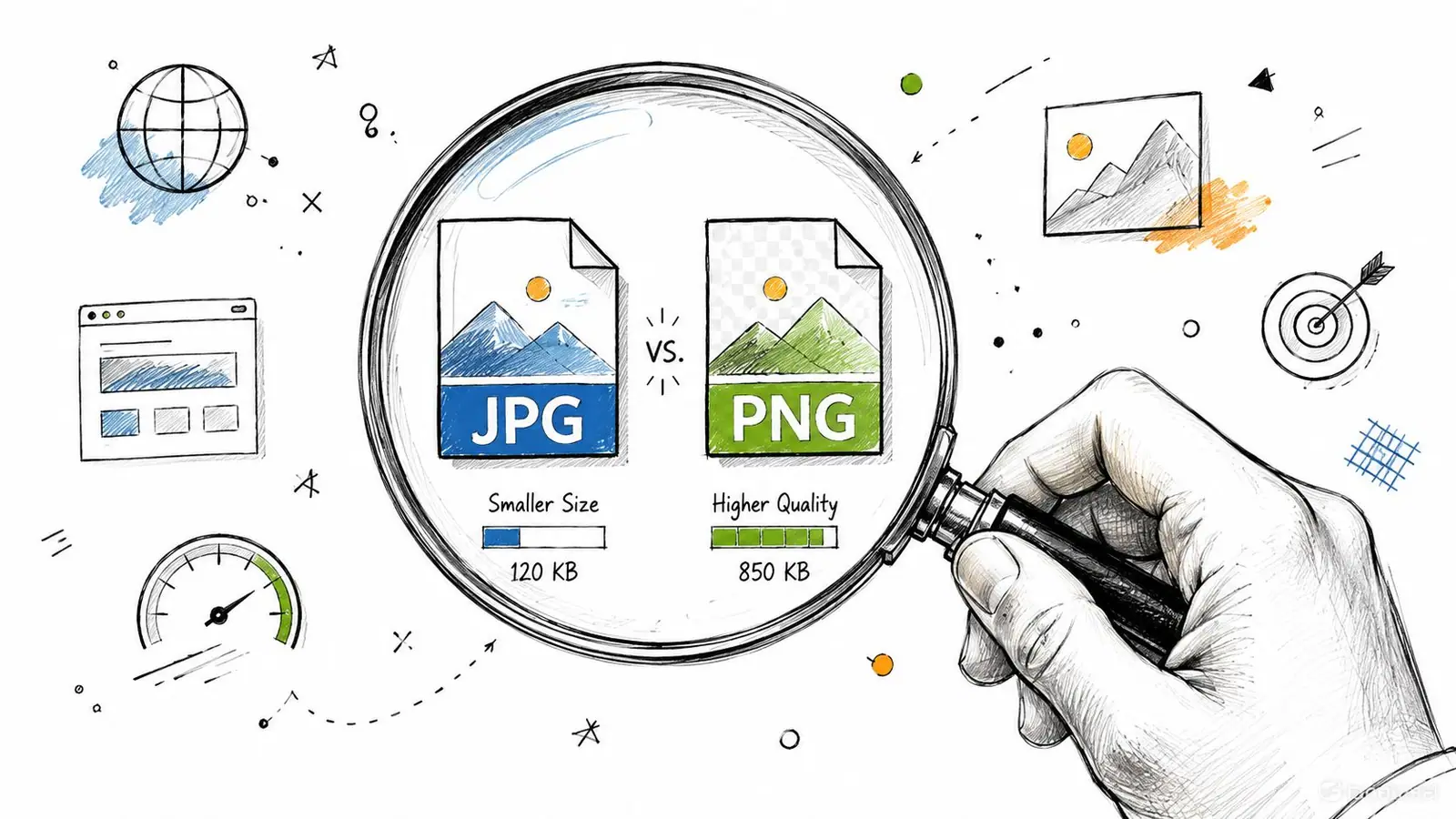 An illustration comparing JPG and PNG file formats under a magnifying glass held by a hand.