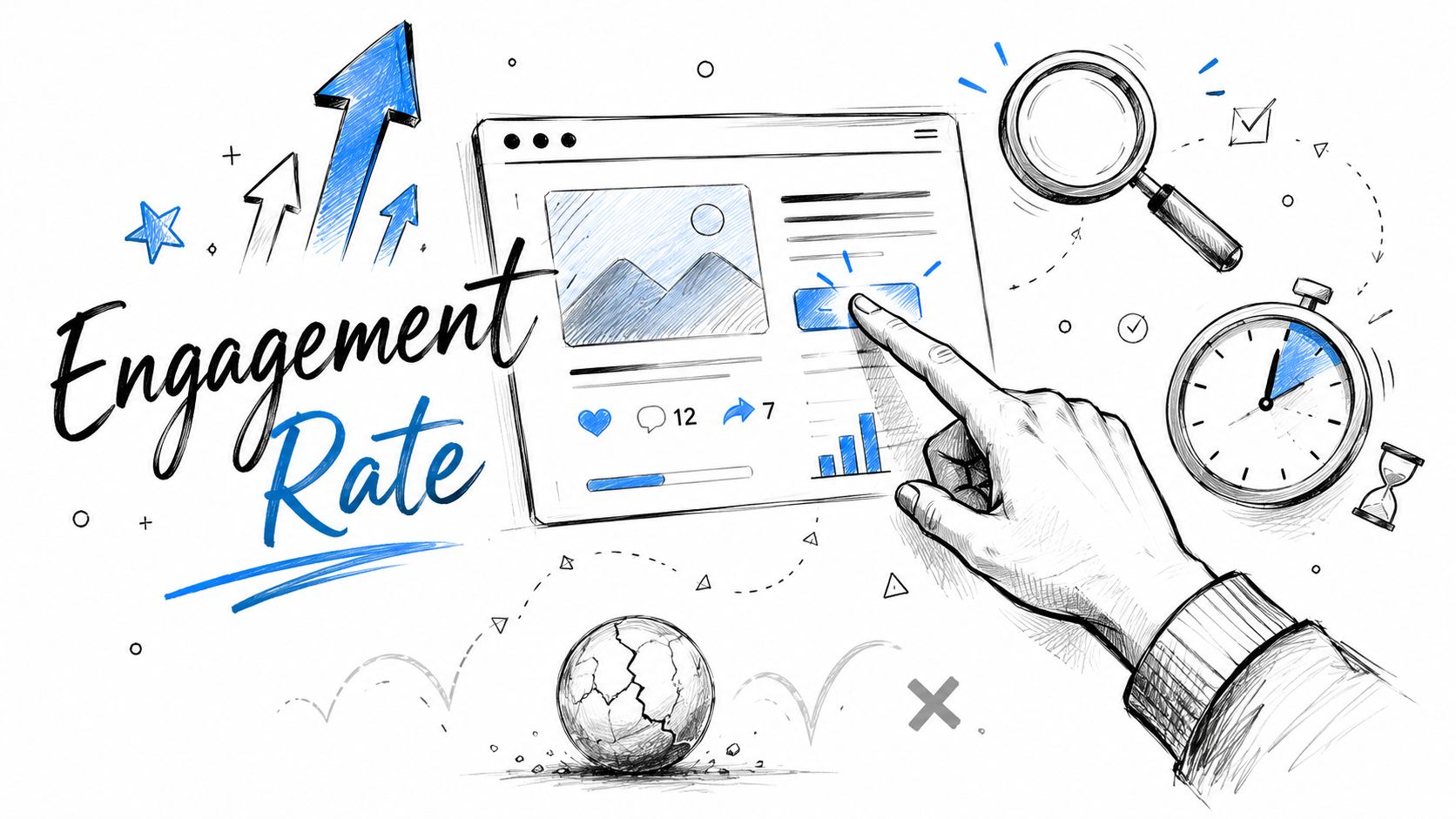 A hand interacting with a digital interface representing engagement rate, analytics, and social media performance metrics.
