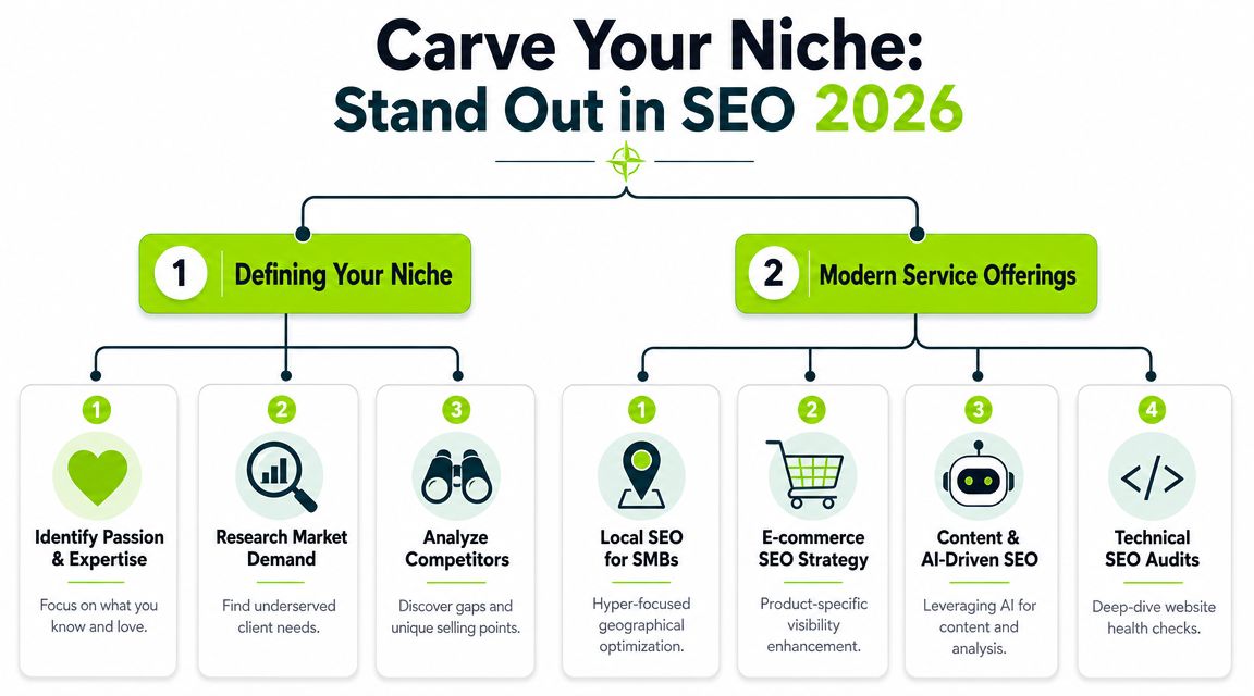 An infographic titled Carve Your Niche: Stand Out in SEO 2026 outlining business growth strategies.