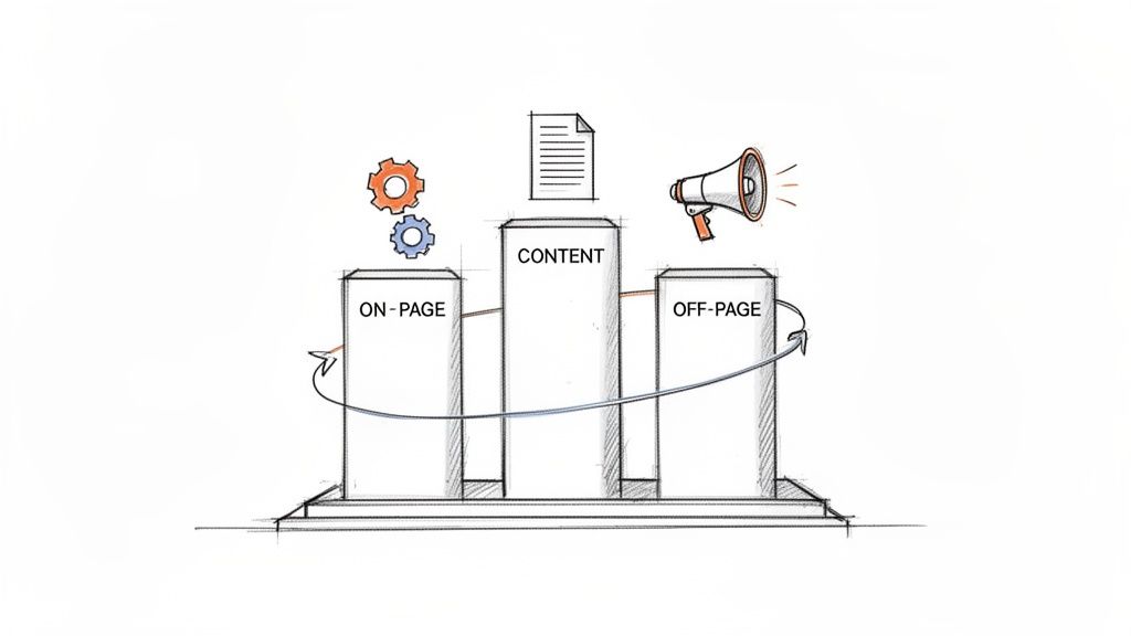 Illustration showing three SEO pillars: On-Page, Content, and Off-Page optimization with related icons.