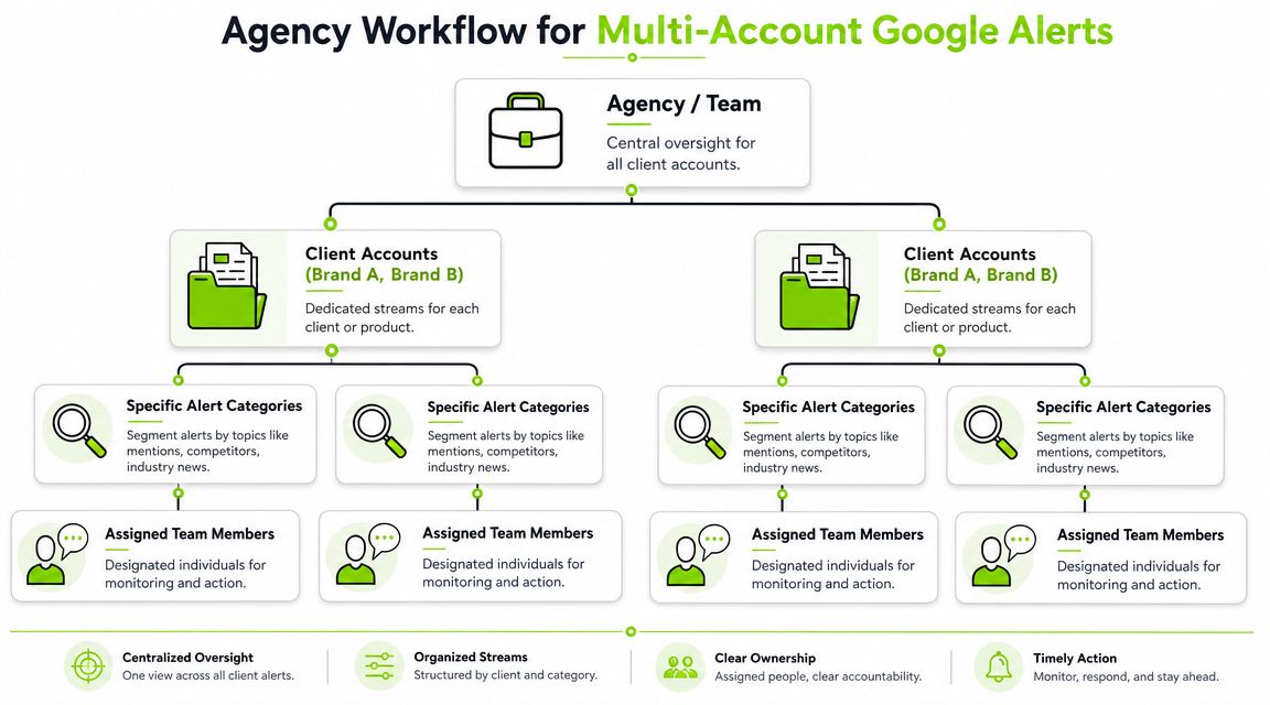 A hierarchical flowchart illustrating an agency workflow for managing multi-account Google alerts and team assignments.