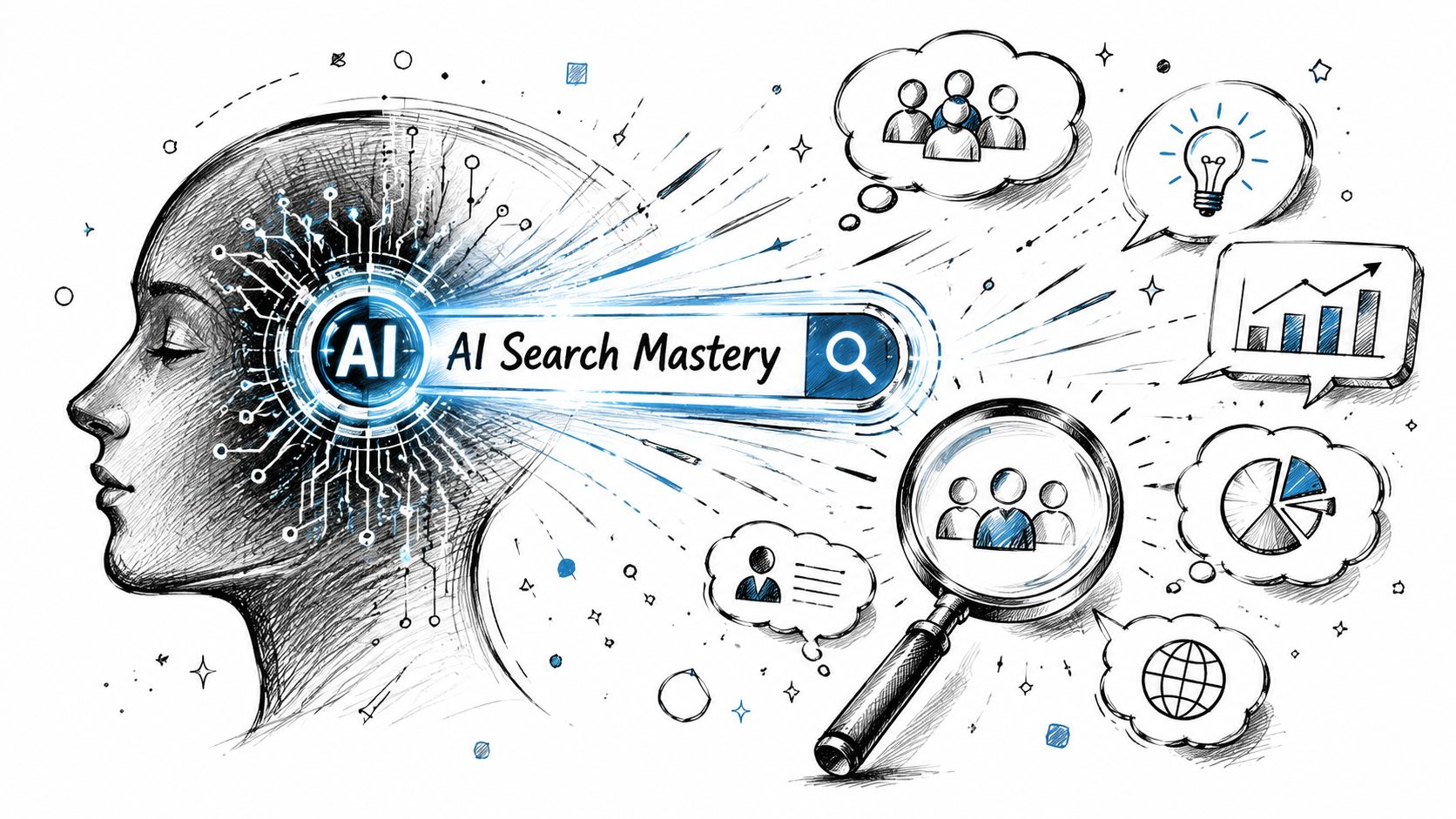 A digital illustration showing a human head with a glowing AI search bar representing audience analysis concepts.