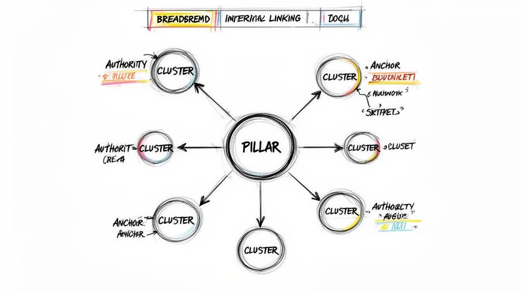 A hand-drawn diagram illustrating a pillar content strategy with a central hub linked to various subtopic clusters.