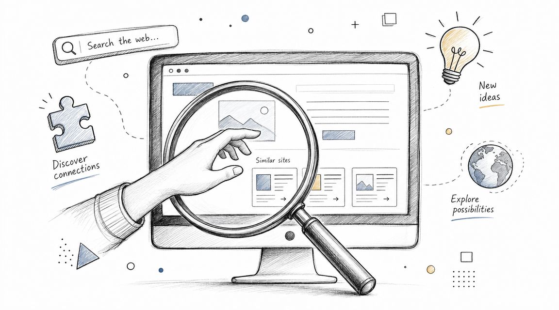 A hand using a magnifying glass to explore web content and discover similar sites on a monitor.