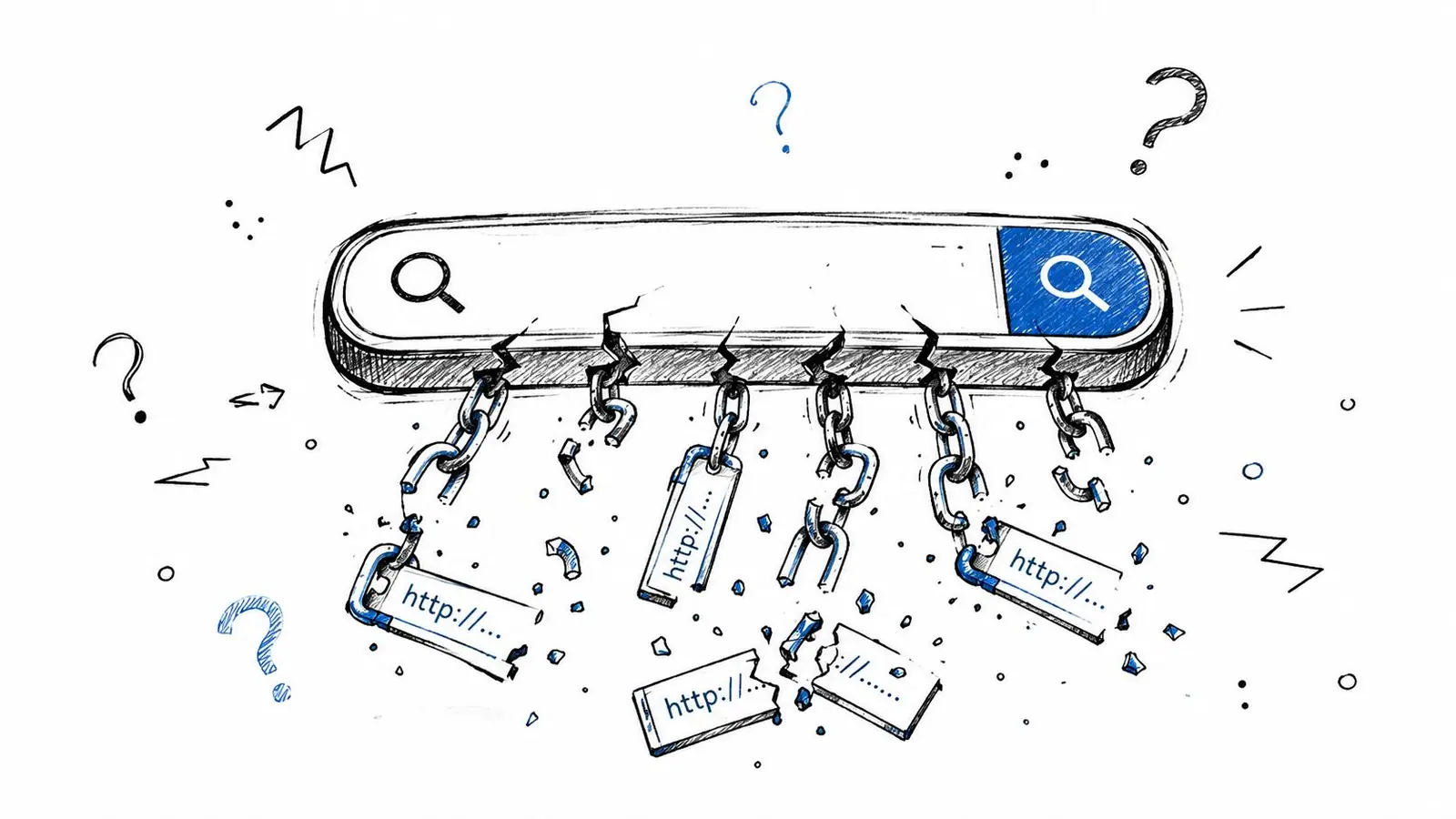 A conceptual illustration of a search bar breaking apart with chains and broken link icons.