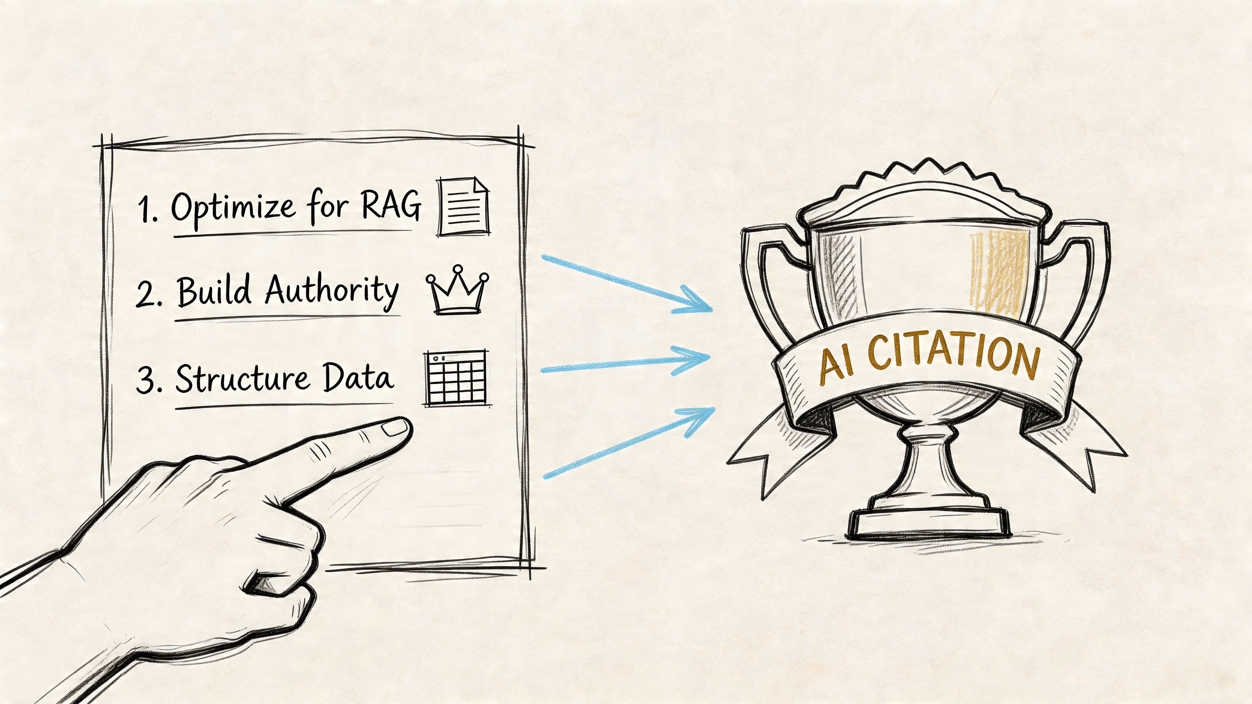 A hand points to a list of three strategies for achieving AI citation, depicted as a trophy.