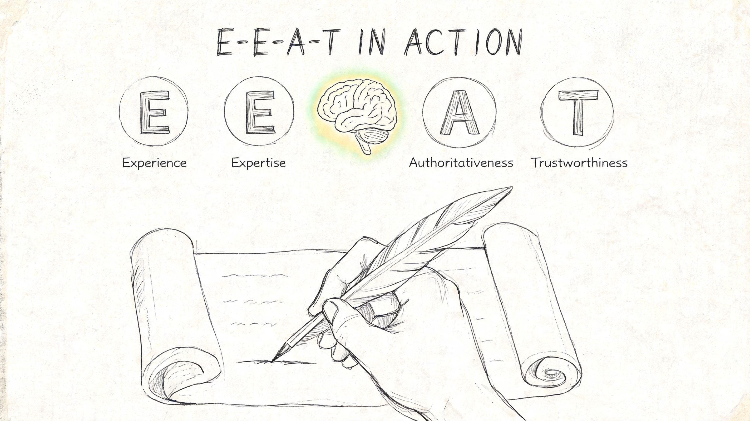 A hand-drawn illustration showing the E-E-A-T framework for quality content featuring experience, expertise, authoritativeness, and trustworthiness.