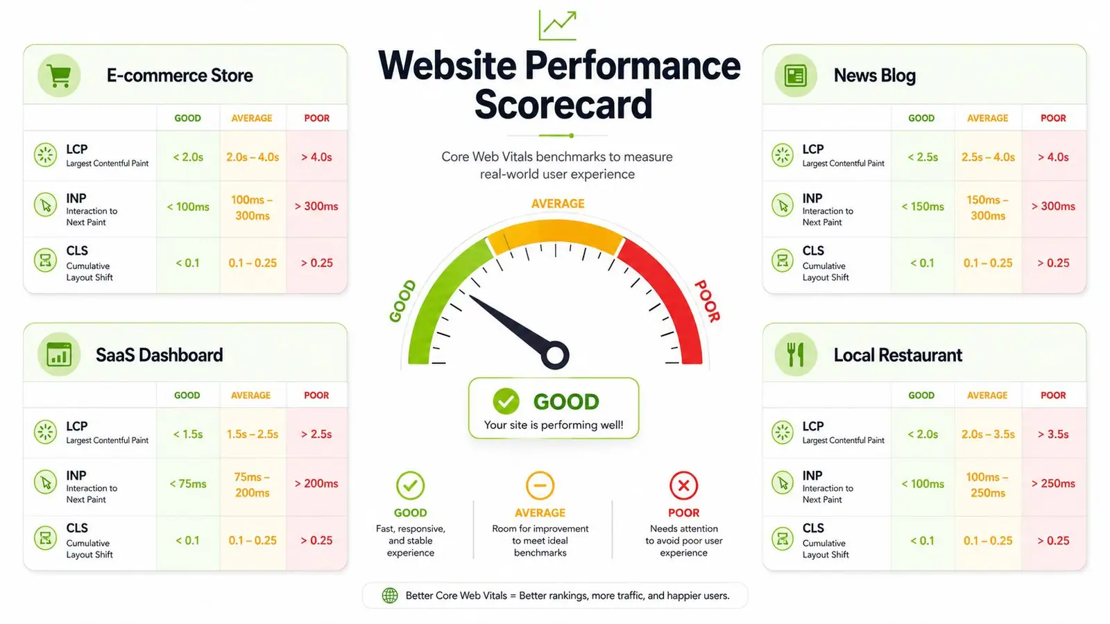 A visual guide showing Core Web Vitals benchmark scorecards for different website categories like e-commerce and blogs.