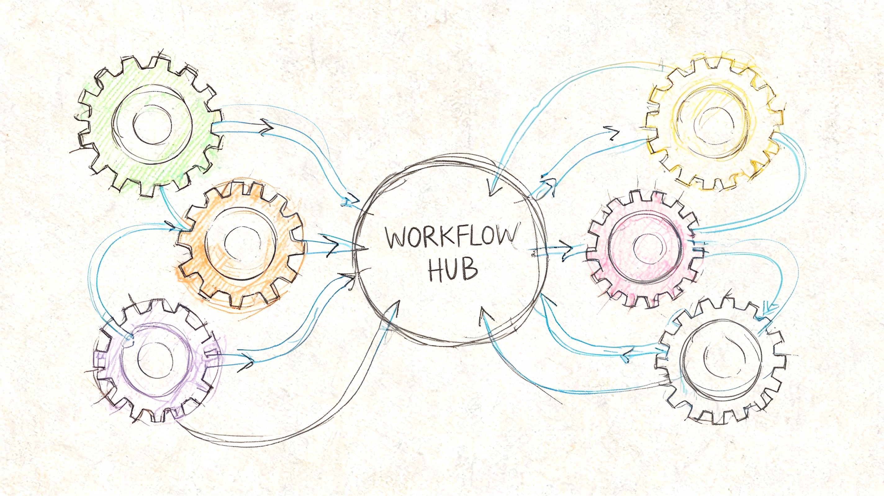 A hand-drawn sketch showing a central circle labeled Workflow Hub connected to five colorful gear icons.