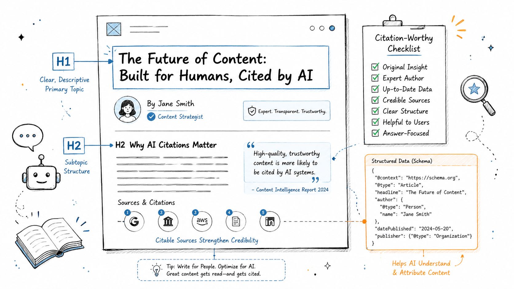 An infographic showing best practices for creating content that is optimized for humans and AI citations.