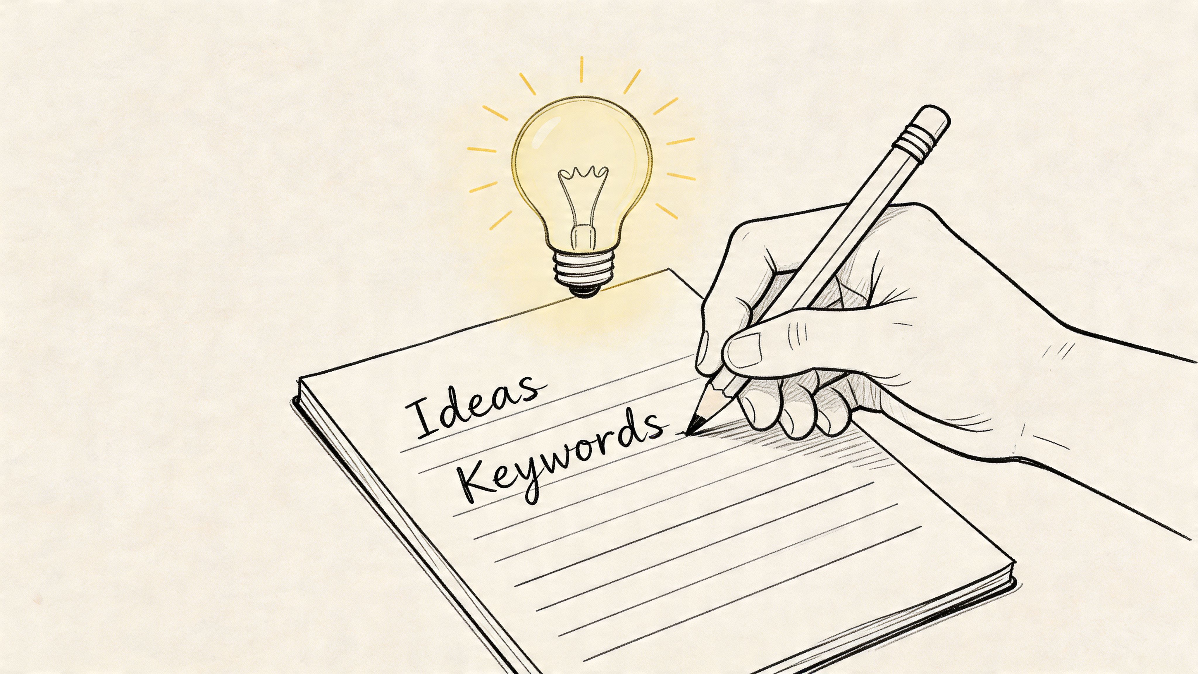 A hand drawing a lightbulb above a notebook containing the written words Ideas and Keywords.
