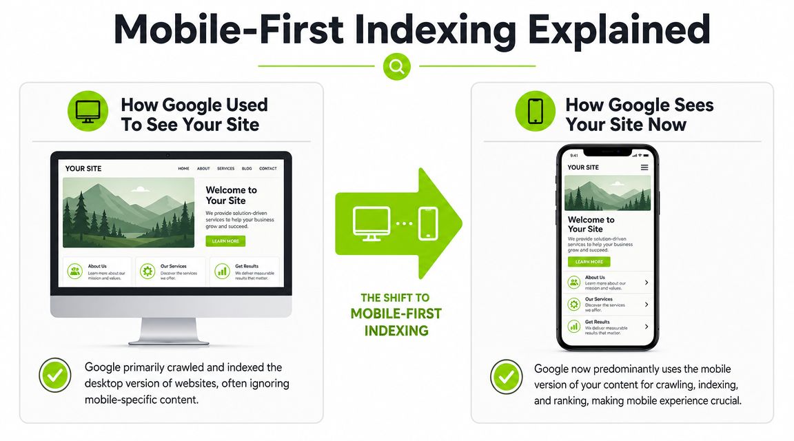 An infographic showing the shift from Google indexing desktop versions of websites to mobile-first indexing.