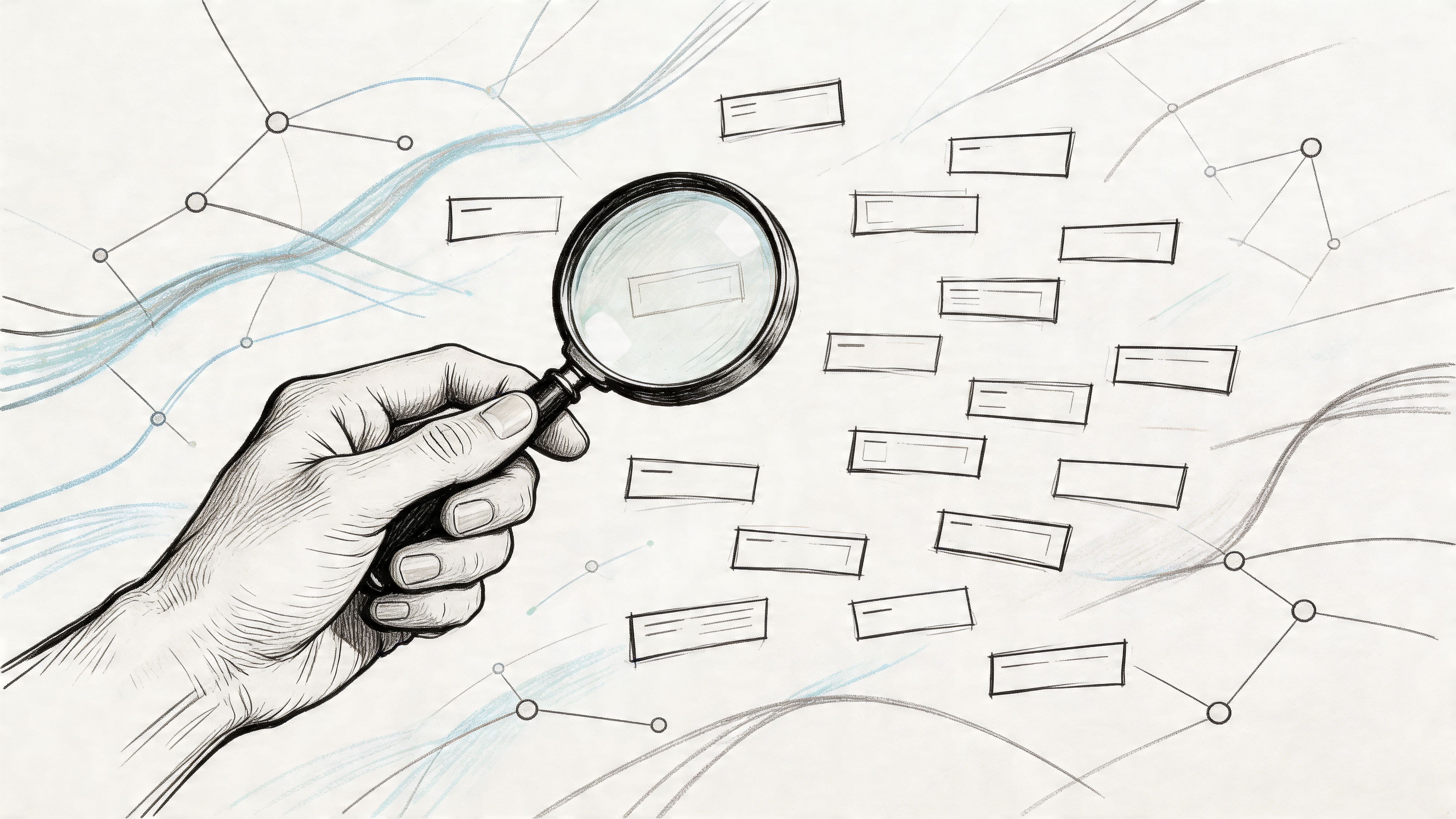A hand holding a magnifying glass over search result boxes on a background with network connection lines.