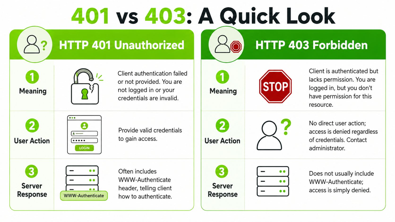 A comparison chart highlighting the key differences between HTTP 401 Unauthorized and 403 Forbidden error responses.