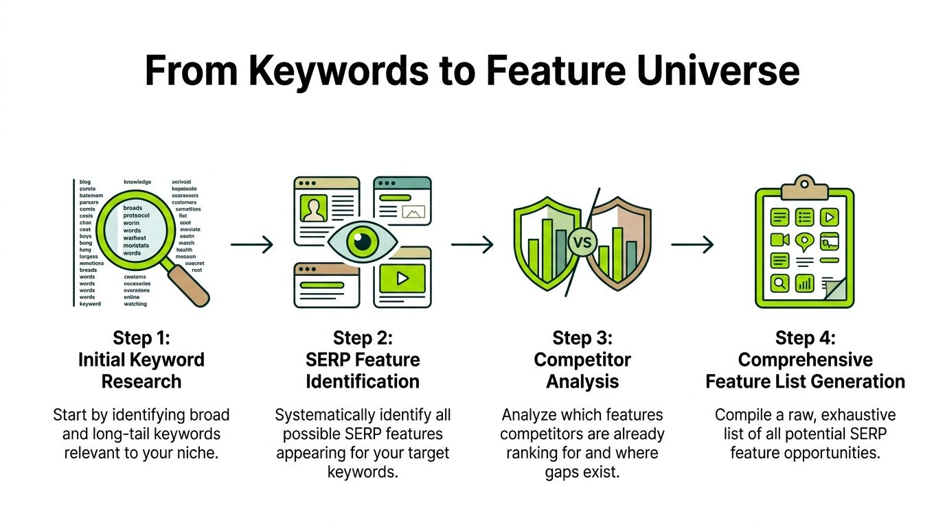 A four-step infographic illustrating the process from initial keyword research to generating a comprehensive SERP feature list.