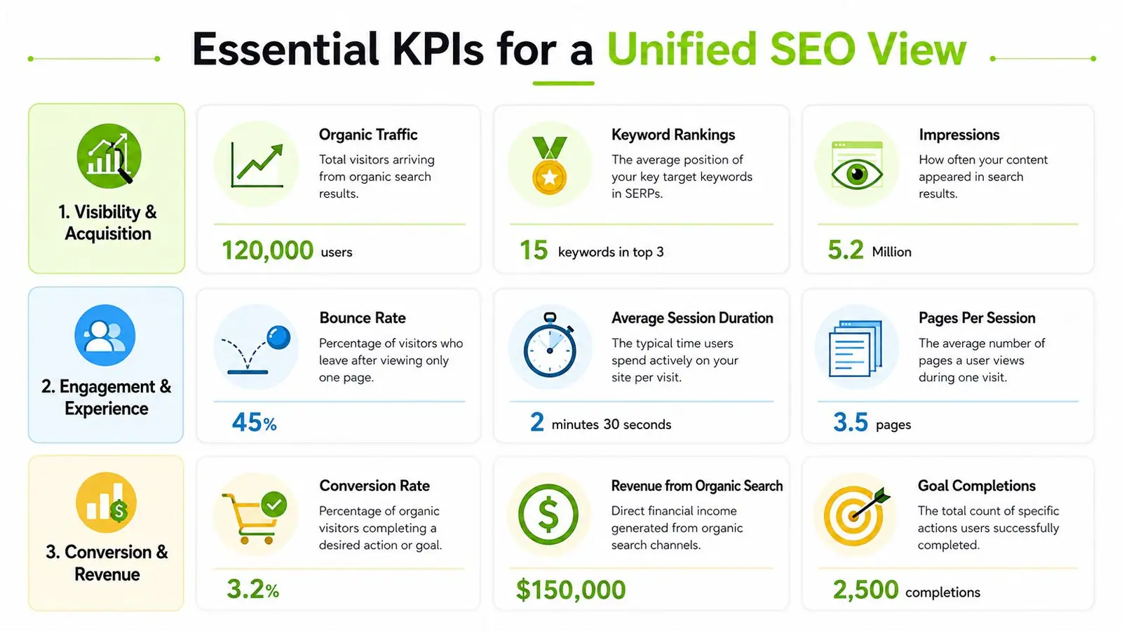 An infographic titled Essential KPIs for a Unified SEO View showing metrics for organic traffic, engagement, and conversion.