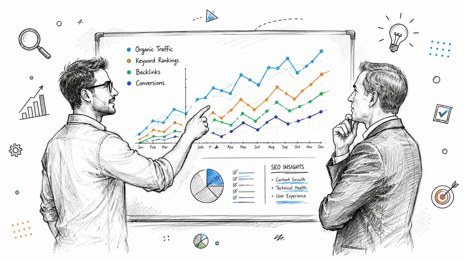 A professional business meeting where a man presents SEO data trends on a whiteboard to a colleague.