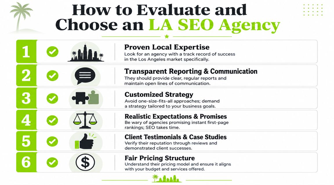 A six-point infographic guide on how to evaluate and choose a professional SEO agency in Los Angeles.
