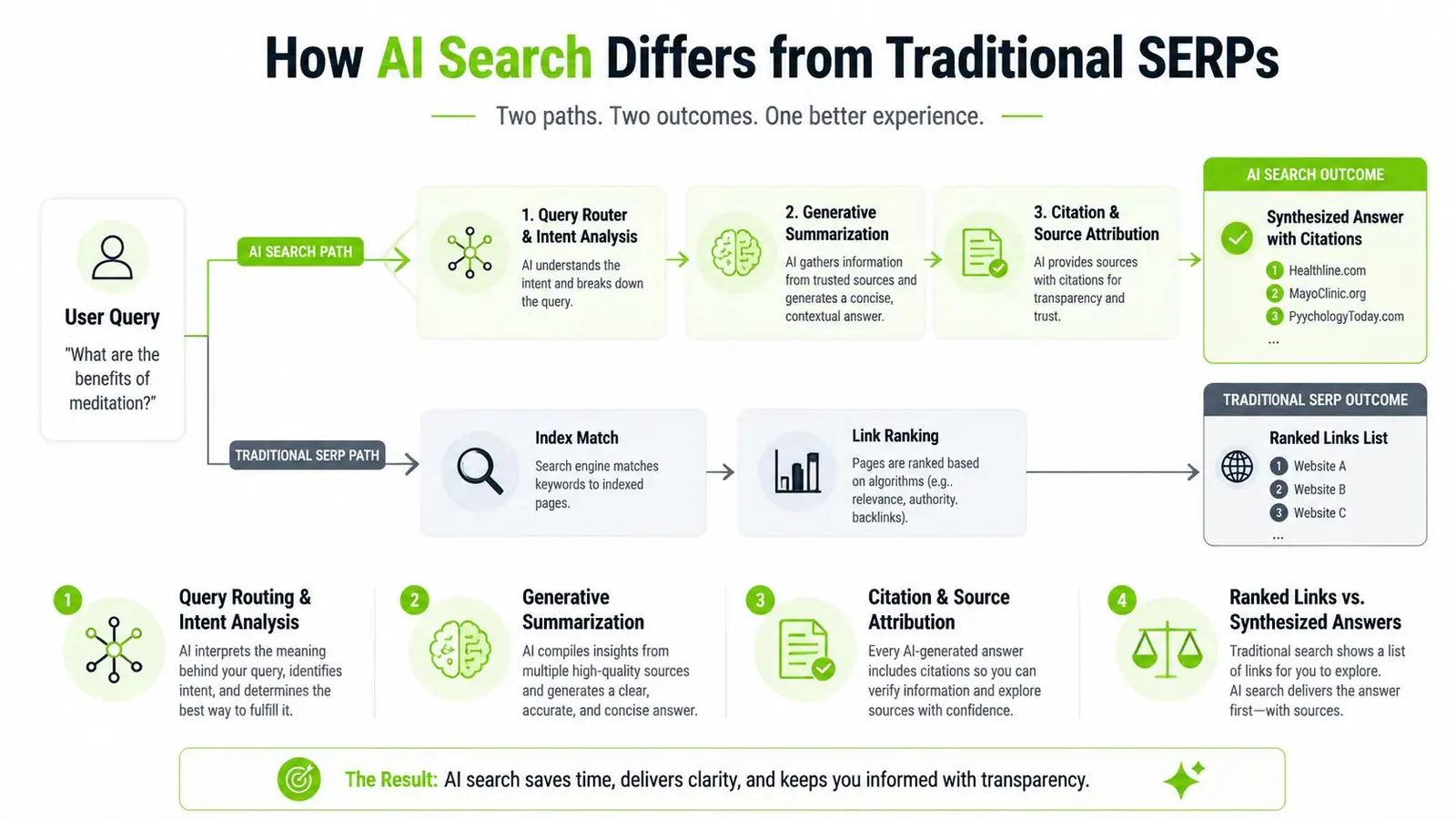 A diagram comparing the workflow of AI search, which provides synthesized answers, versus traditional keyword-based search results.