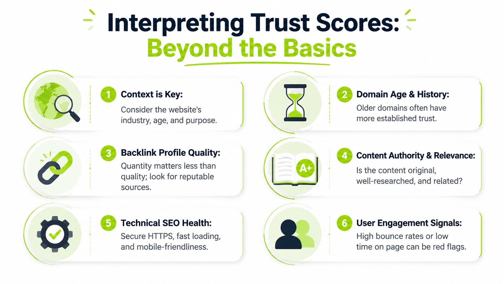 An infographic titled Interpreting Trust Scores Beyond the Basics, listing six key factors for evaluating domain trustworthiness.