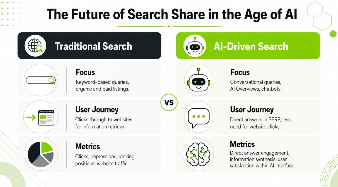 A comparison infographic between traditional keyword-based search and new conversational AI-driven search methodologies.