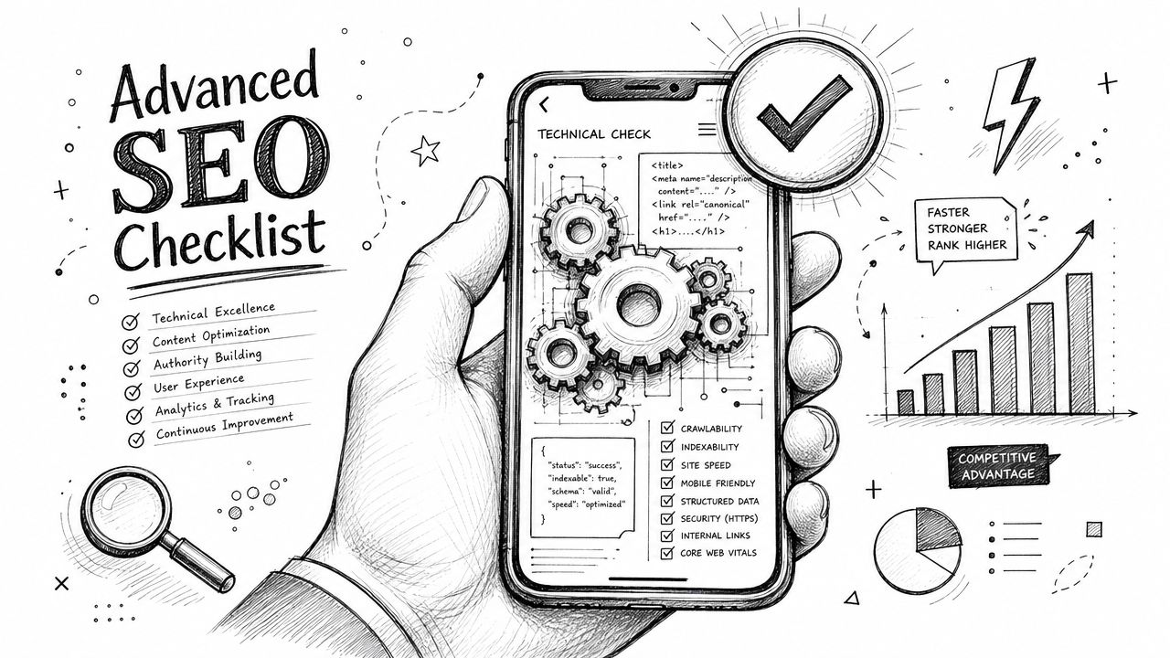 A hand holding a smartphone showing an advanced SEO checklist with technical optimization elements and performance graphs.
