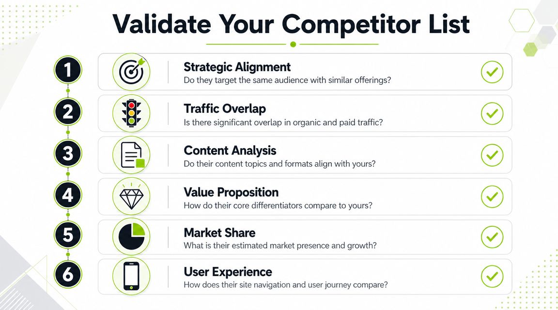 A checklist of six strategic steps to validate your competitor list for business market analysis.