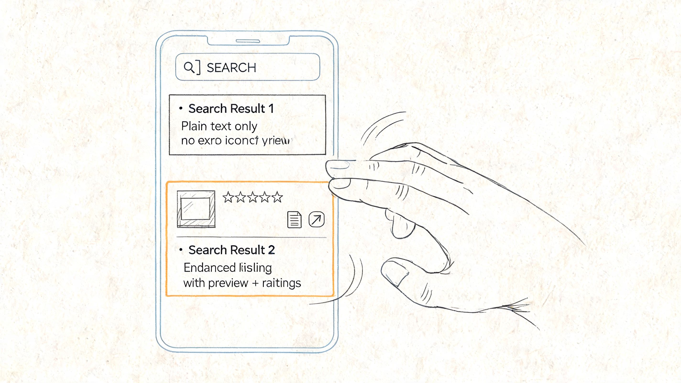 A hand interacting with a mobile phone screen comparing plain search results to an enhanced rich snippet result.