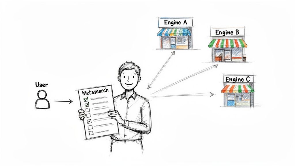 A diagram illustrates a metasearch engine querying multiple individual search engines (A, B, C) and returning combined results to a user.