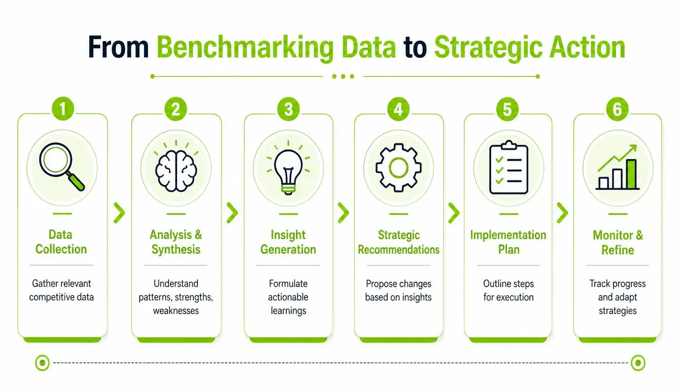 A six-step infographic illustrating the process from benchmarking data to implementing strategic business actions.