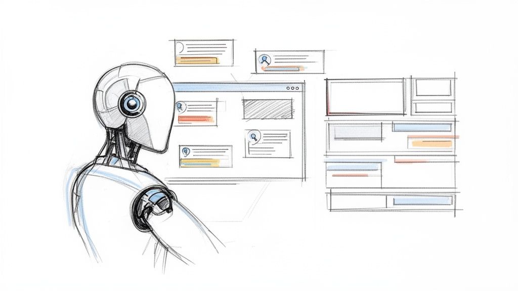 A detailed sketch of a robot observing various website layouts and data elements, symbolizing AI analysis.