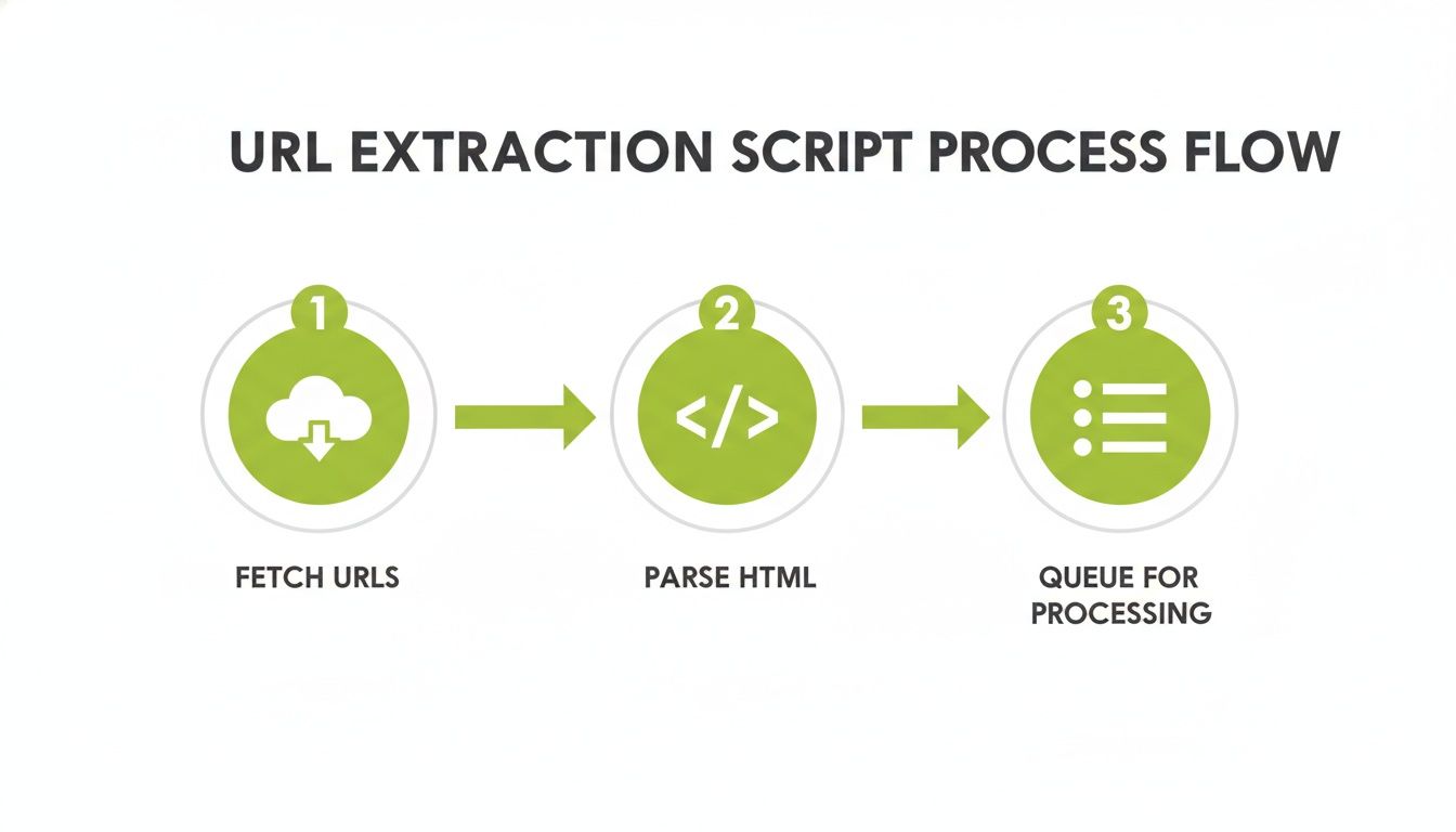 Flowchart illustrating a URL extraction script process: fetch URLs, parse HTML, then queue for processing.