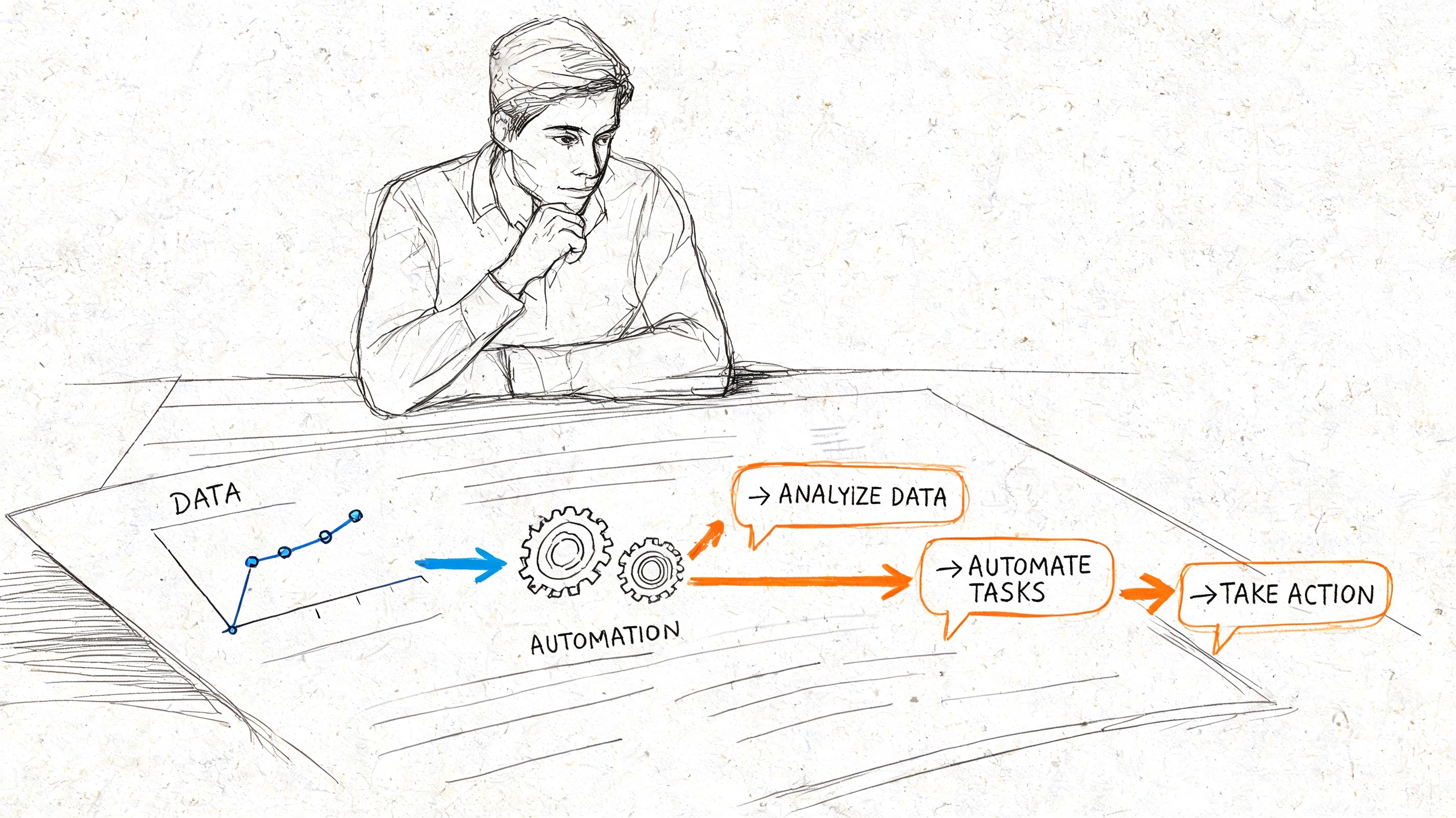 A line drawing illustration showing a person analyzing a business data automation workflow process on paper.