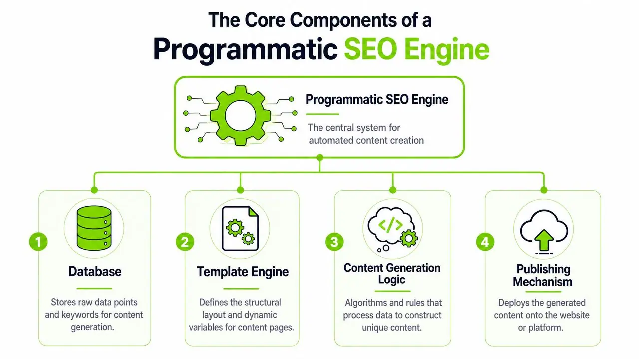 A diagram illustrating the four core components of a programmatic SEO engine: database, template engine, generation logic, and publishing.