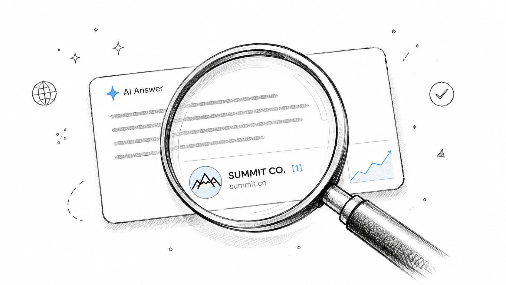 A magnifying glass focusing on an AI-generated search result for Summit Co on a white background.