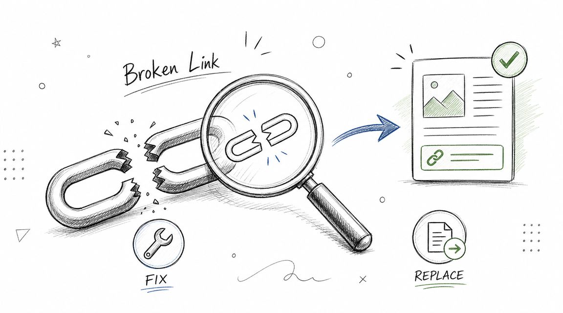 A hand-drawn illustration showing a magnifying glass inspecting a broken chain link with fix and replace options.
