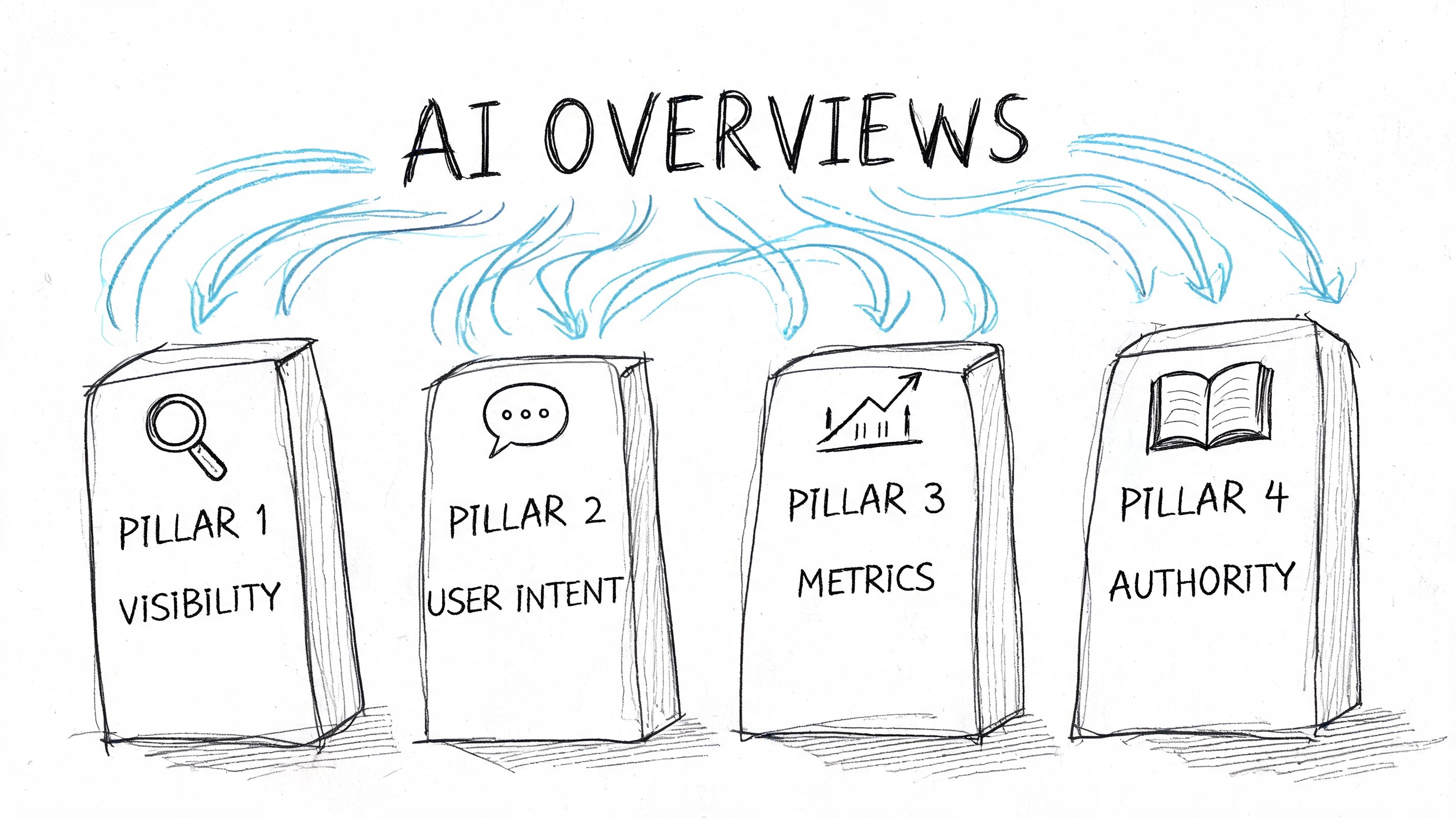 A hand-drawn illustration showing AI Overviews categorized into four pillars: Visibility, User Intent, Metrics, and Authority.