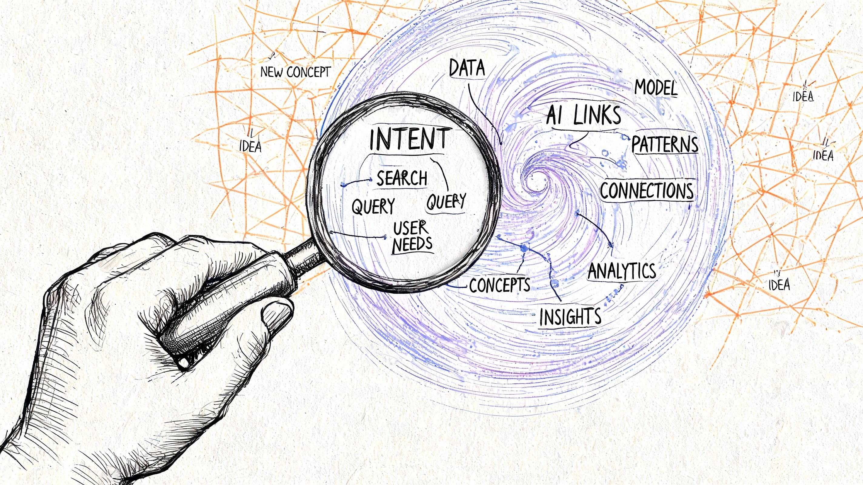 A hand holds a magnifying glass over a diagram showing connections between AI, data, and user intent.