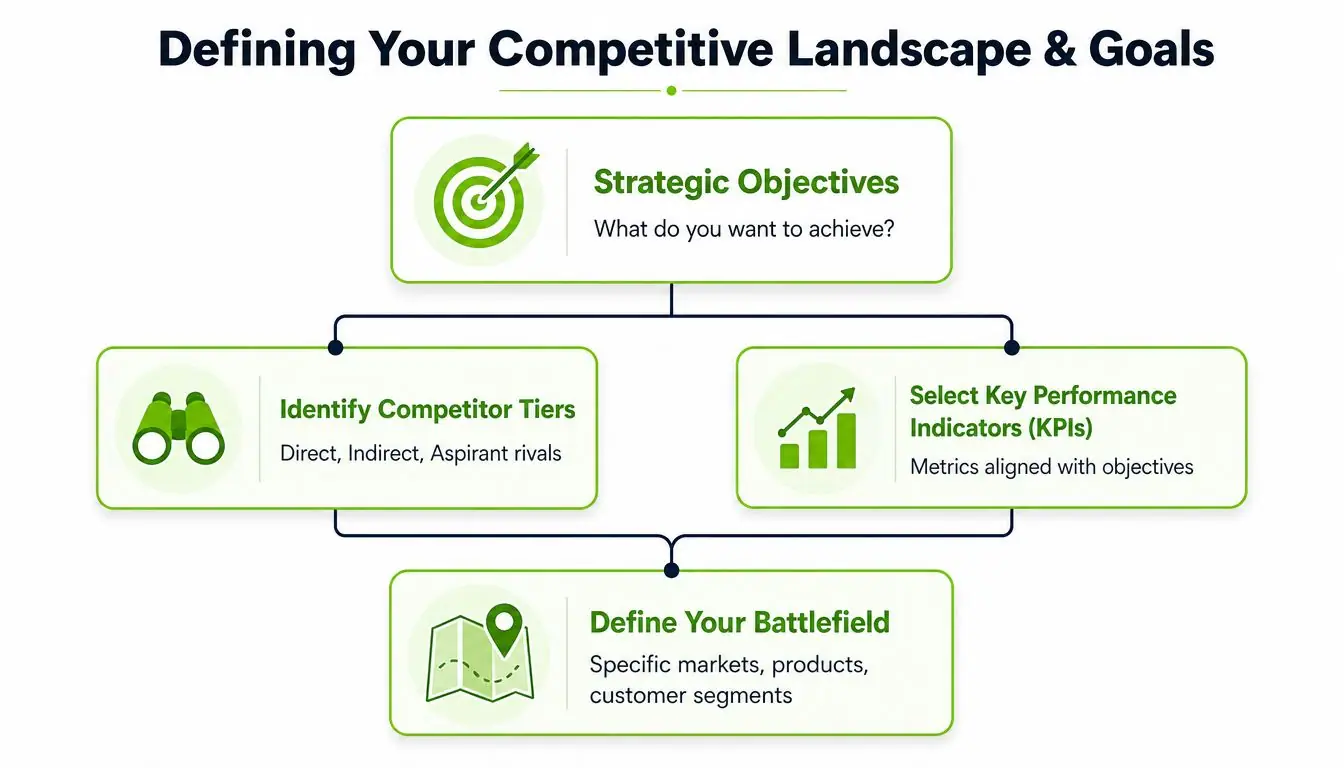 A diagram outlining the process of defining competitive landscape and goals through strategic objectives and market identification.