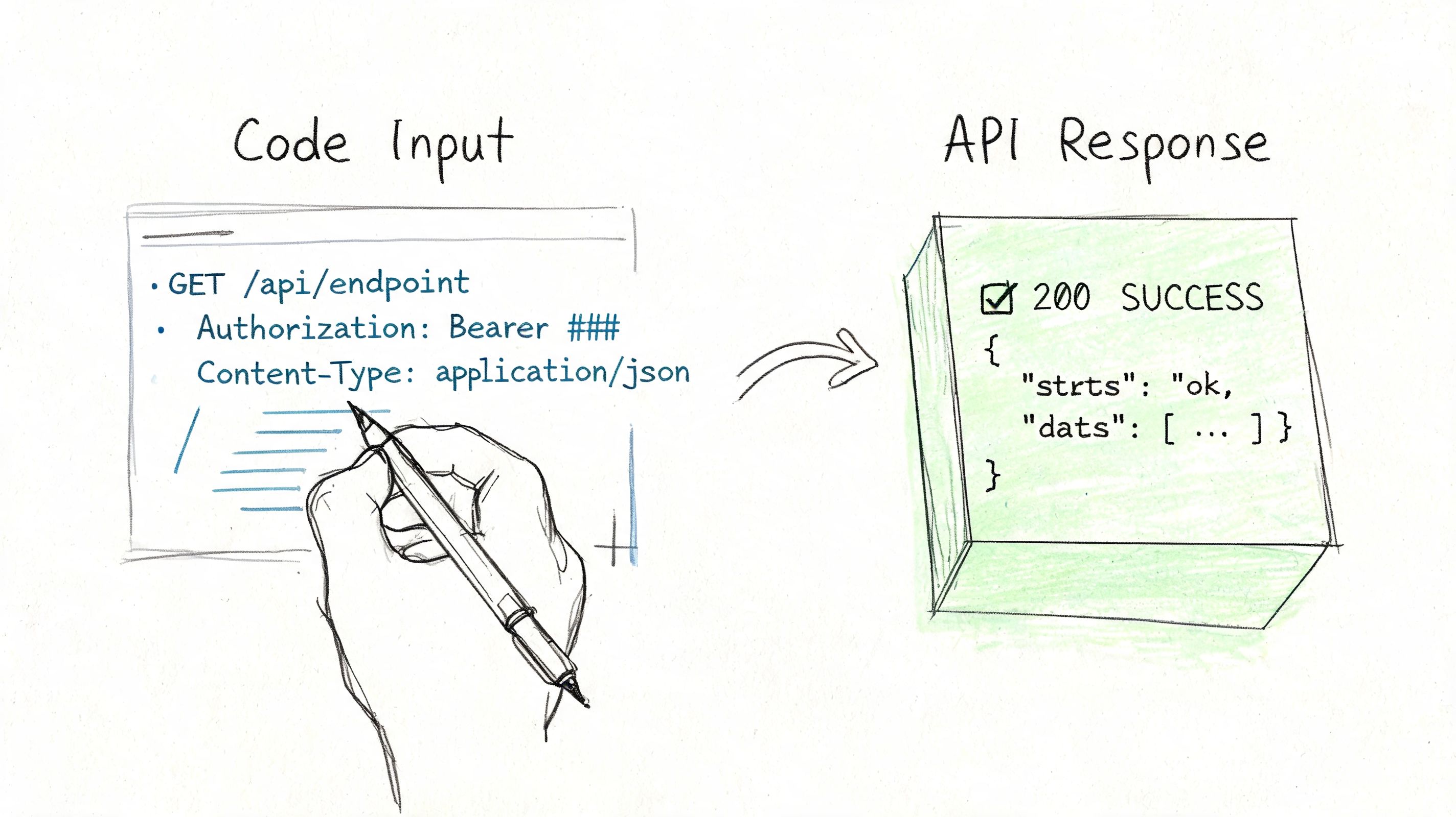 A hand sketching an API request code input that returns a 200 success response block.